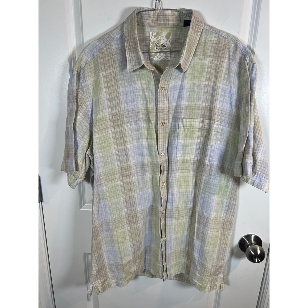 Tasso Elba Mens Shirt Linen Cotton‎ Blend Plaid Green XL
